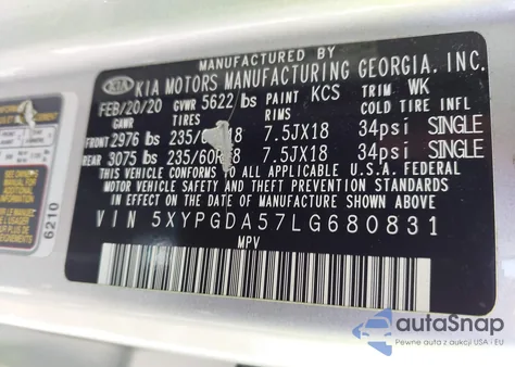 2020 Kia Sorento 3.3L Lx z USA, uszkodzony, nr VIN 5XYPGDA57LG680831